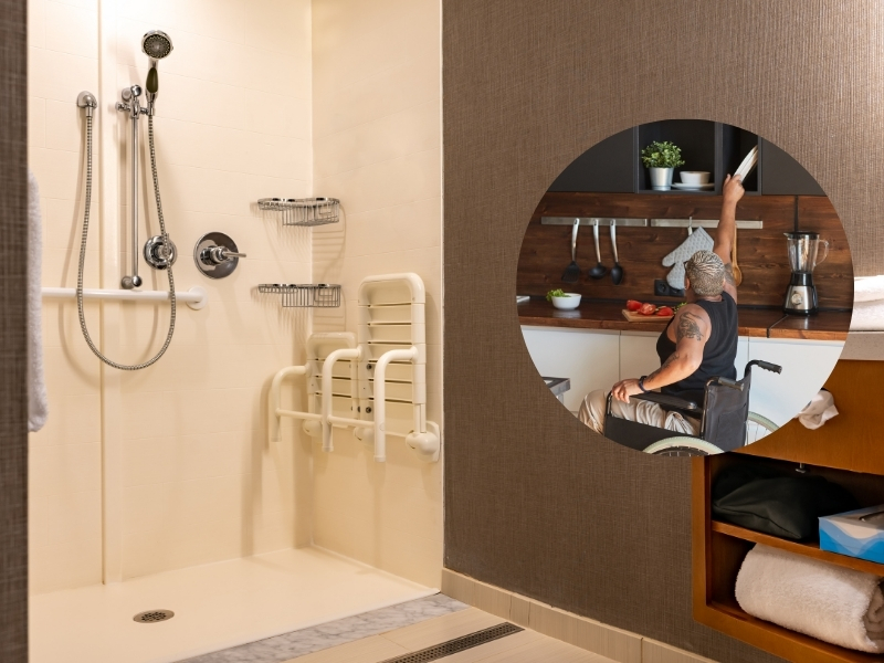 A modern, accessible shower with an easy-to-use handle for enhanced accessibility.